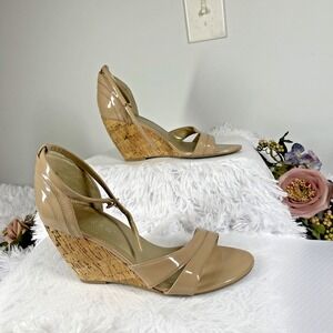 Pesaro Womens 9 Nude Patent Leather Cork Wedge Sandals Ankle Strap Open Toe